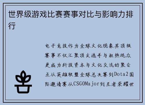 世界级游戏比赛赛事对比与影响力排行