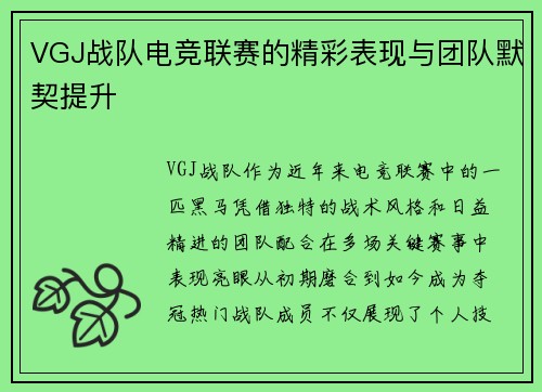 VGJ战队电竞联赛的精彩表现与团队默契提升